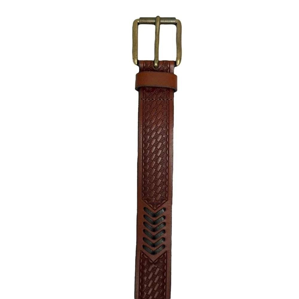 Lucky Brand Men's Size 34 Brown Genuine Leather Lacing Detail Laser Cut Belt NWT